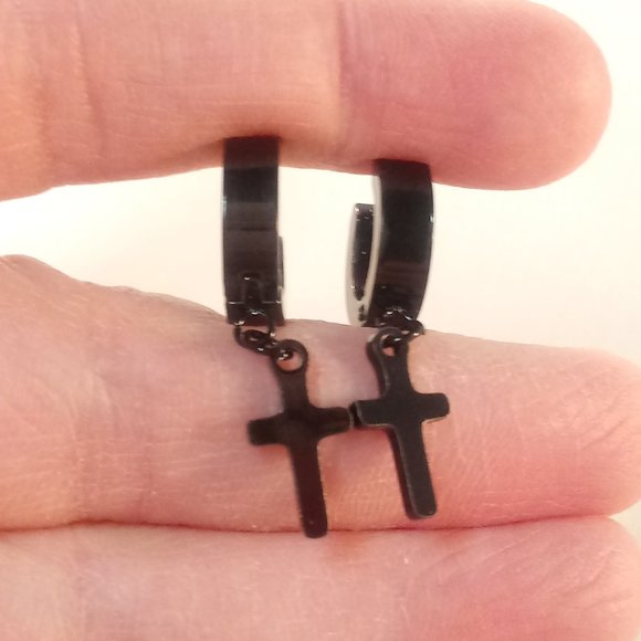 Mens Black Stainless Steel Cross Hoop Huggie Dangle Earrings 14mm Party Gift - Picture 3 of 4